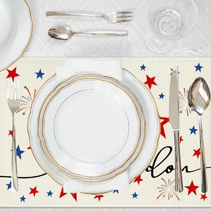 Niviy 250th Anniversary USA Placemats, Red Blue Stars Fireworks Patriotic Placemats Set of 6, 12x18 Inch Memorial Day Independence Day Table Mats for Holiday Party Kitchen Dining Room Decoration