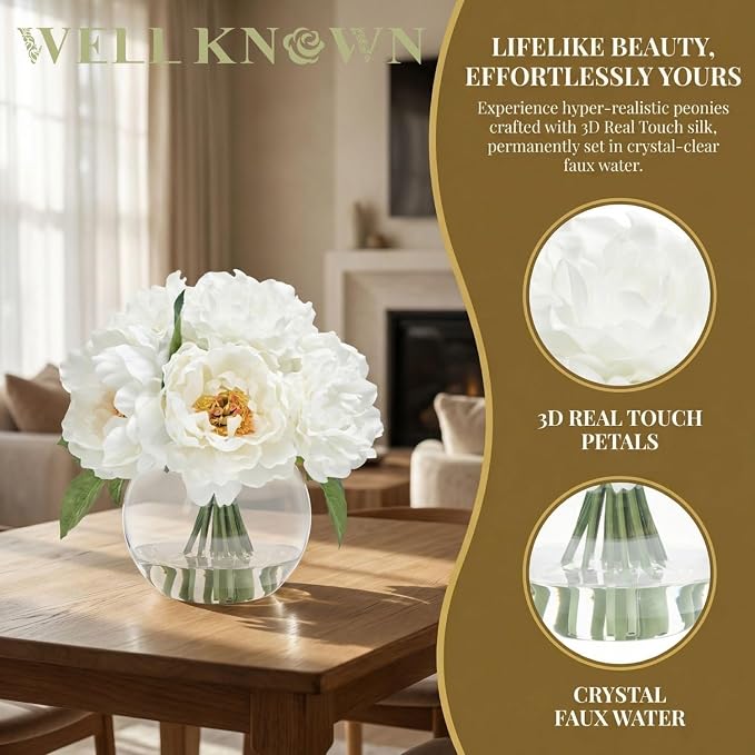 WELL KNOWN Artificial Flowers in Vase, Silk White Peonies Flowers with Glass Vase & Faux Water, Fake Flower Arrangement for Home Table Centerpieces Spring Wedding Party Decor Mom's Birthday Gift