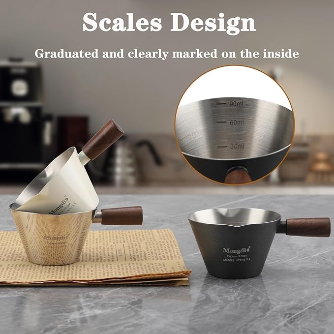 Mongdio Espresso Measuring Cup, Stainless Steel Espresso Shot Cups with Wooden Handle and Double Spouts, 3.4OZ/100ML, Silver