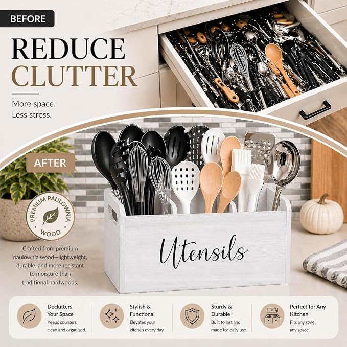 White Kitchen Utensil Holder for Countertop – Large 3-Compartment Cooking Utensil Organizer & Caddy with Drain Holes, Modern Wood Utensil Holder for Kitchen Counter, Spatula & Spoon Storage
