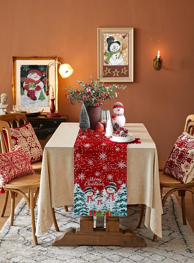Christmas Table Runner - 70 Inch Long, Snowman Dining Tablerunner Xmas Tree Kitchen Dresser Scarves, Winter Snowflake Farmhouse Red Merry Christmas Decor for Coffee Table Wedding Party Banquet