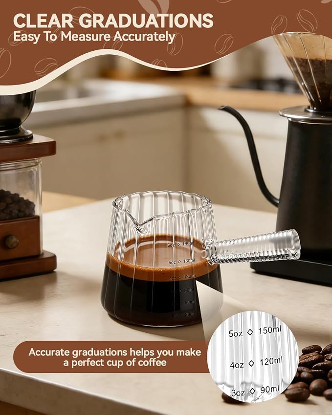 6OZ Glass Measuring Cup - 180ml Borosilicate Glass Espresso Shot Glass with Glass Handle, V-Shaped Spout for Milk Frothing, Espresso Accessories for Machine, Dishwasher Safe
