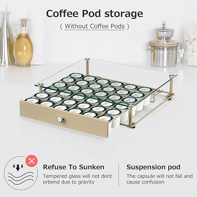 Coffee Pod Holder With Tempered Glass Top Drawer - Compatible With K Cup Pods, Holds 36 - Storage Organizer for Shop, Office, Kitchen Counter 14 13 3 in