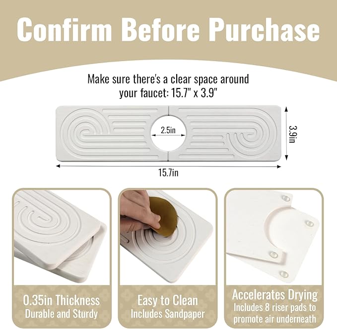 Hopegiver Stone Faucet Mat for Kitchen Sink - Fast Drying Diatomite Sink Protector Prevent Moisture, Super Water Absorbing Stone Tray for Kitchen & Bathroom Counter (White, 15.7"x3.9")