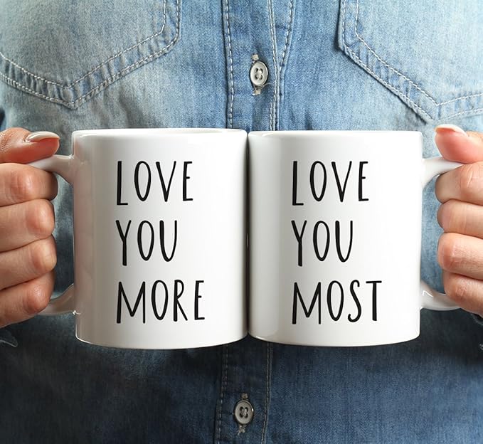 Andaz Press Funny Couples 11 oz Ceramic Coffee Mugs, Love You More., Love You Most., His and Hers Coffee Mug Set of 2, Valentines Couples Mugs for Him and Her, Mr and Mrs Mugs, Couple Mugs for Husband