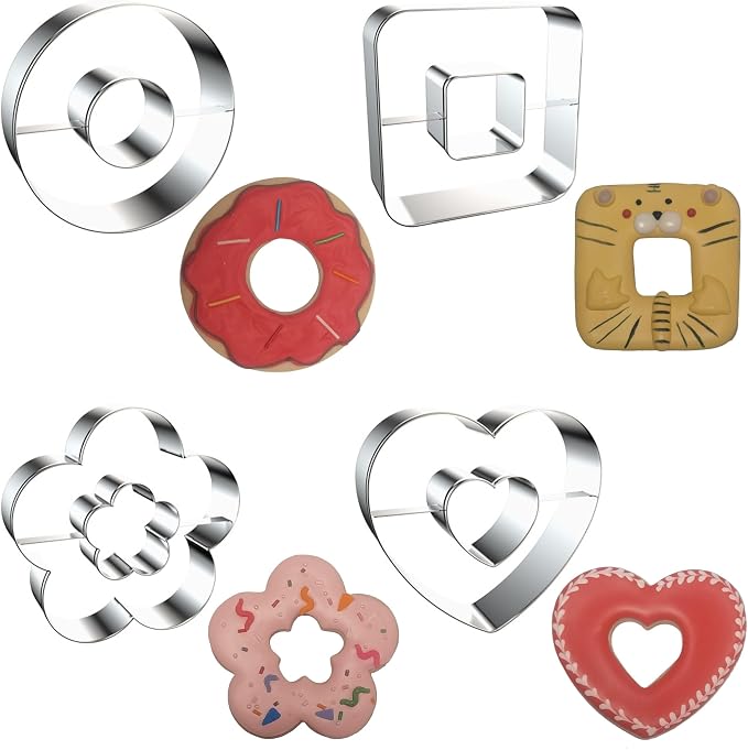 4-Piece Linzer Cookie Cutters Set - Stainless Steel Large Fondant Biscuit Molds for Birthday Party, Graduation, Christmas, and Holiday Baking DIY (Round, Square, Heart, Flower)
