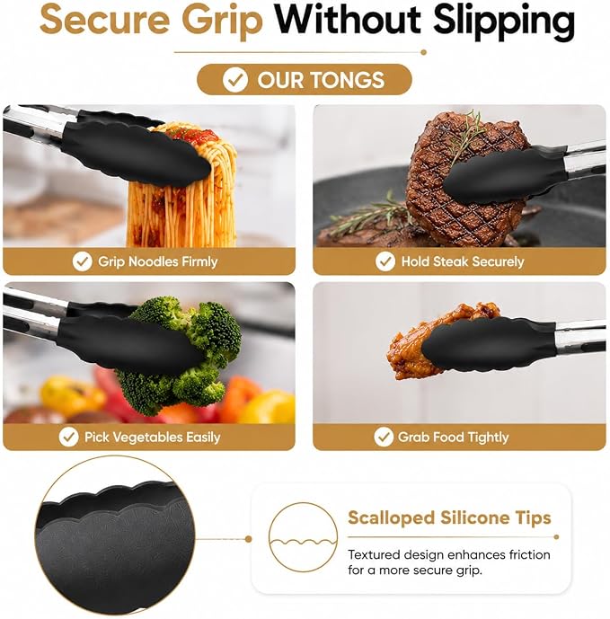Kitchen Tongs Set, 3 Pack(7+9+12") Cooking Tongs with Locking Mechanism, Stainless Steel Body Food Tongs with Silicone Tips Tong for Cooking, Serving, Air Frying, Nonstick Cookware Safe