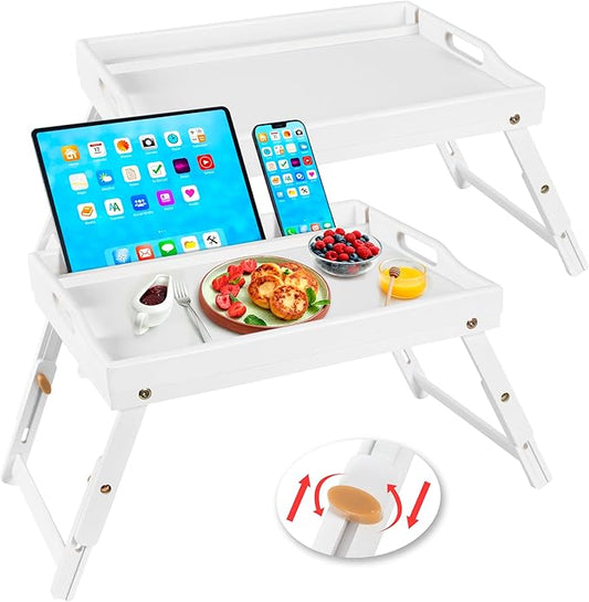 Greenual 2 Pack Bed Tray Table with Handles Folding Legs, Bamboo Breakfast Food Tray with Media Slot, Use As Platter, Laptop Desk, Snack, TV Tray Kitchen Serving Tray(White)