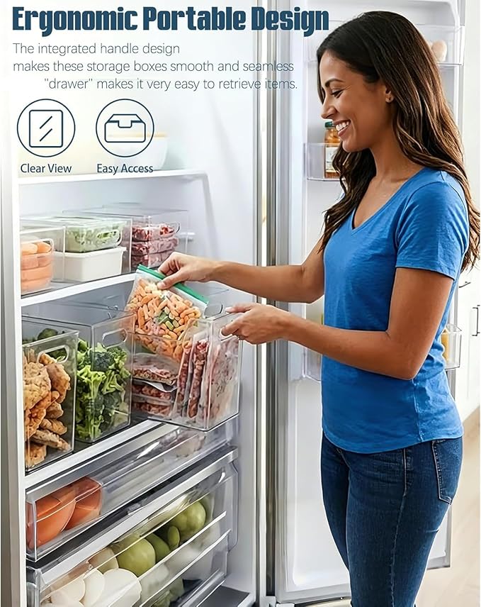Transparent Freezer Storage Bins, 2/4/6 Pack Clear Plastic Bins, Ice Box for Freezer, Stackable Kitchen Cabinet Organizer for Frozen Food, Meat & Veggies (L,4PCS)
