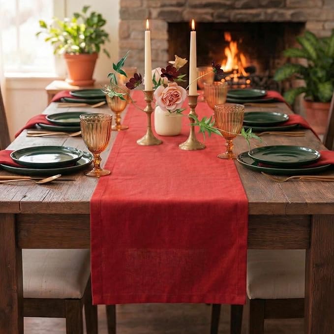 Solino Home Linen Table Runner 36 Inches - 100% Pure Linen Cherry Red Table Runner 14 x 36 Inch Ideal for Dresser and Coffee Tables - 4th of July, Summer - Diana Medium Weight