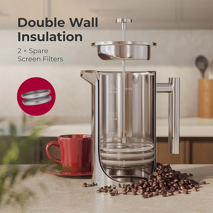 MuellerLiving French Press Coffee Maker 34oz, Stainless Steel French Press Coffee, 4 Filter Heat Resistant Double Insulated, Rust-Free, Food Grade, Dishwasher Safe Coffee Pot | 34oz | Stainless Steel | 4 Filter Heat Resistant Double Insulated | Rust-Fr...