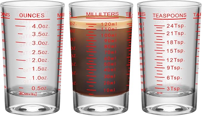 3Pcs Shot Glass Measuring Cup, 4 Ounce Heavy Base Jigger, Espresso Shot Glasses, Liquid Cup, Round Shot Glasses, Small Cups for Vodka, Whiskey, Tequila, Espresso, Liquor (3, Red)