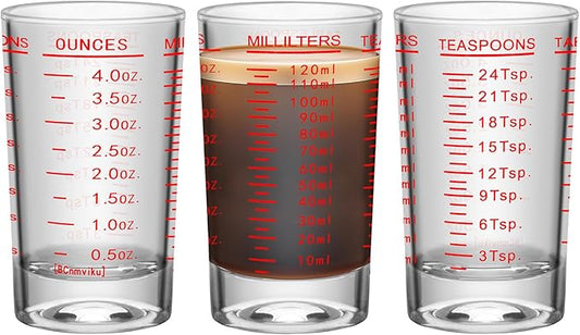 3Pcs Shot Glass Measuring Cup, 4 Ounce Heavy Base Jigger, Espresso Shot Glasses, Liquid Cup, Round Shot Glasses, Small Cups for Vodka, Whiskey, Tequila, Espresso, Liquor (3, Red)