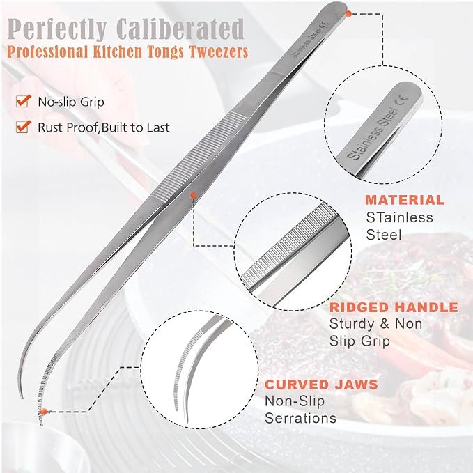 Professional Culinary Stainless Steel Precision Tongs with Serrated Tips, Plating/Food Presentation Detailing Serving Tongs, Chef's Kitchen Tweezer Tongs - Ultra Non-Slip Grip (10 Inch Curved)