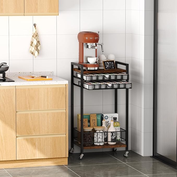 Miratino Coffee Cart Station, 4-Tier Coffee Station Organizer with Lockable Wheels, Coffee Pod Holder Drawer Holds 84 Pods, Coffee Bar Cart for Kitchen, Living Room, Office, Rustic Brown