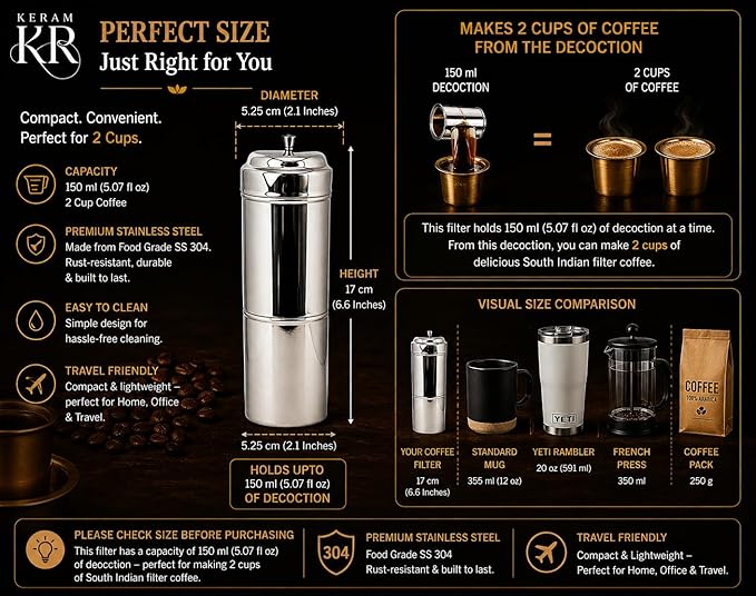 KERAM Coffee Filters Indian Style Small Drip Coffee Maker South Indian 150 ml (5.07 Oz) 2 Cup Coffee Bar Accessories Madras Coffee Filter for Camping Hiking Reusable Permanent Slow Metal Filter
