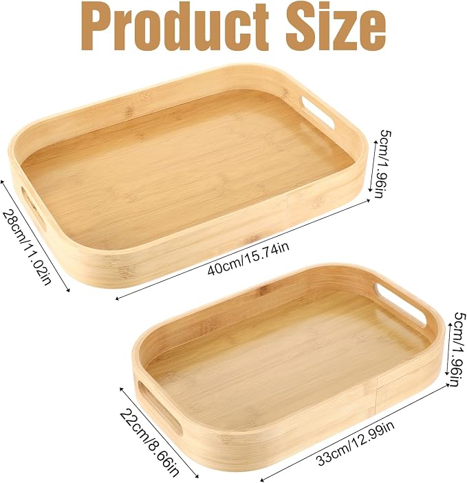 Set of 2 Bamboo Serving Trays with Handles, 2 Sizes Rectangular Solid Wooden Breakfast Trays with Arc Angles for Food, Dinner, Tea, Coffee, 15.7" L x 11" W & 13" L x 8.6" W