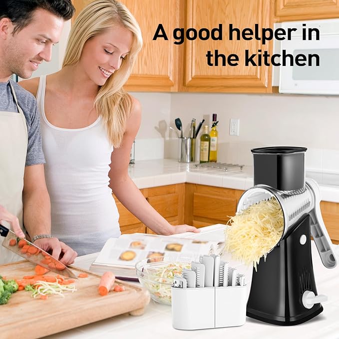 APSARAS USA Cheese Grater Hand Crank, Rotary Cheese Grater, 5 in 1 Rotary Grater, Cheese Shredder Replaceable Stainless Blades with Strong Suction Base, Easy to Clean Kitchen Gadgets with Storage Box