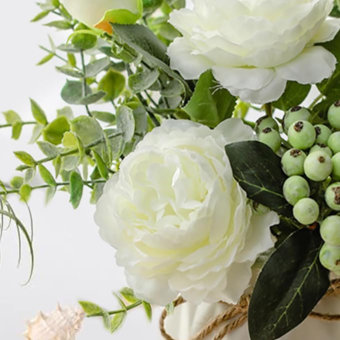 EOBTAIN Fake Flowers in Vase for Coffee Table Decor Faux Potted White Silk Flowers Decoration for Indoor Ceramic Vase with Artificial Plants Flowers Home Decor,Dining Table Centerpiece.