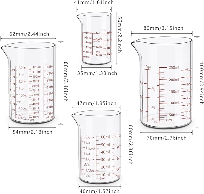 Measuring Cup Set 30ml L(1oz), 60ml (2oz), 120ml (4oz), 250ml (8oz), 4 Piece Glass Liquid Measuring Beakers, High Borosilicate Glass Measuring Cup, V-Shaped Spout