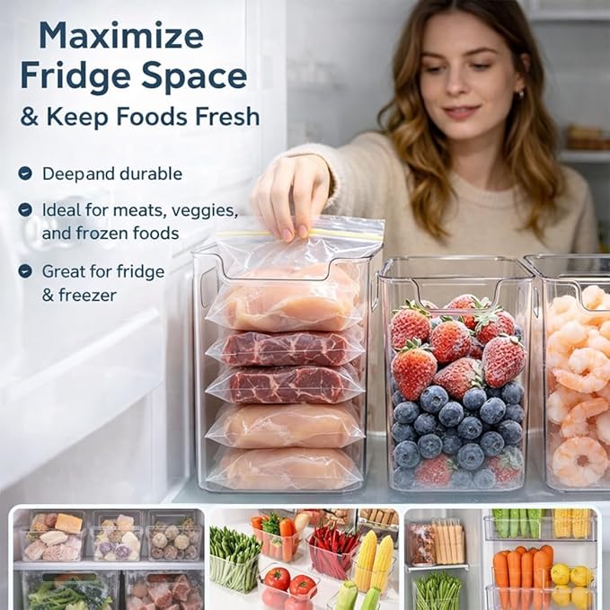 Transparent plastic storage box with lid and handle, stackable kitchen organizer for refrigerator, cabinet, pantry, bathroom, and office (Transparent color (with lid), XL)