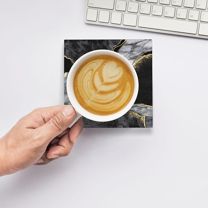 Luxury Black Grey Marble Square Ceramic Coasters Set of 6 Pack, Dark Gray Golden Ink Granite Texture Stone Drink Coaster with Cup Holder Anti-Scratc Cork Backing Bar Kitchen Home Housewarming Gift