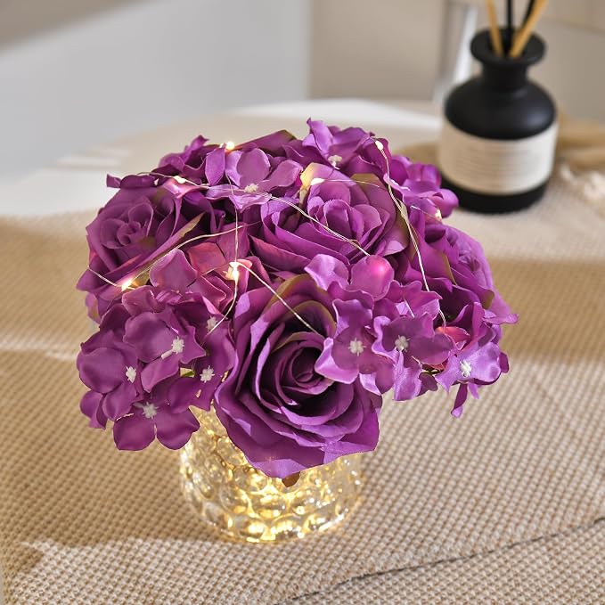 Rose Silk Flower Arrangement Artificial Vivid Rose in Glass Vase with LED Light Elegant Centerpiece for Home Wedding Bathroom Table Shelf Decoration (Purple)