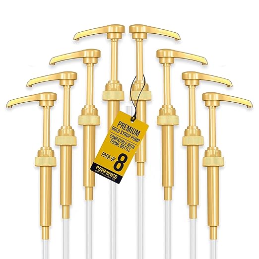 PERMINKS Premium Coffee Syrup Pump Dispenser, Compatible with Torani, Skinny & Davinci Bottles, Precise 1/4 oz Flow, Lockable Leak-Proof Design for Coffee Bar Accessories & Essential (8-Pack, Gold)