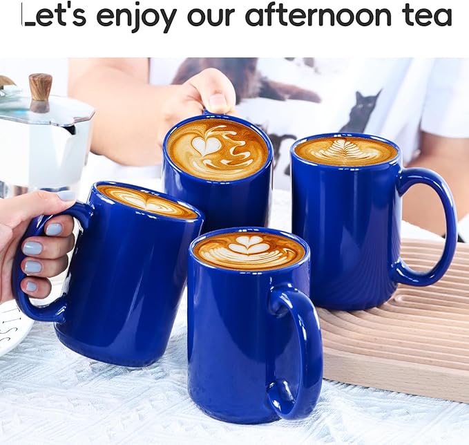 16 OZ Porcelain Coffee Mugs, Classic Blank Ceramic Cup with Large Handle for Tea Latte Cappuccino, Set of 4, Blue