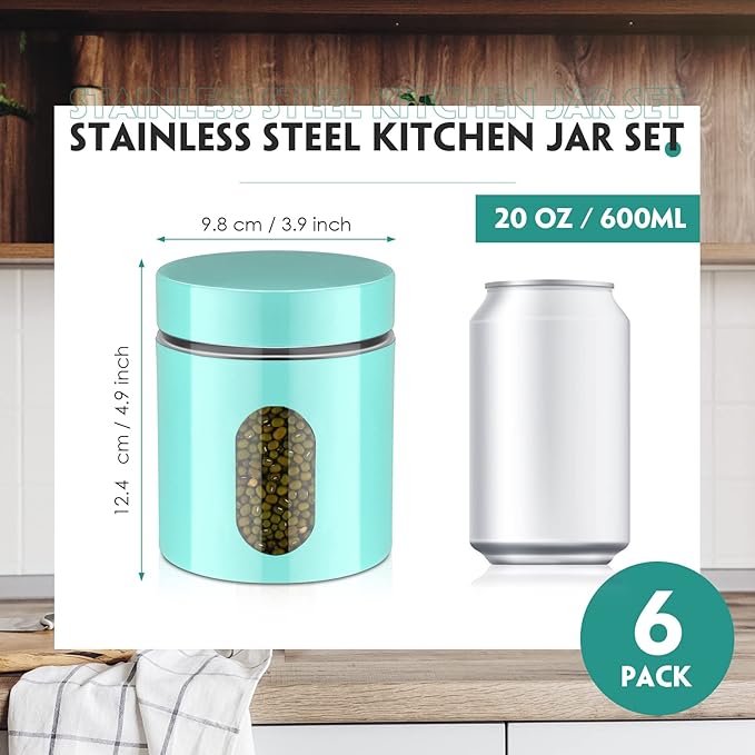 6 Pack Kitchen Canisters Set 20 oz Airtight Stainless Steel Canister Food Storage Container with Window Glass, Coffee Sugar Candy Jars Tea Organizer for Flour Cookies Spices Grains Kitchen(Turquoise)