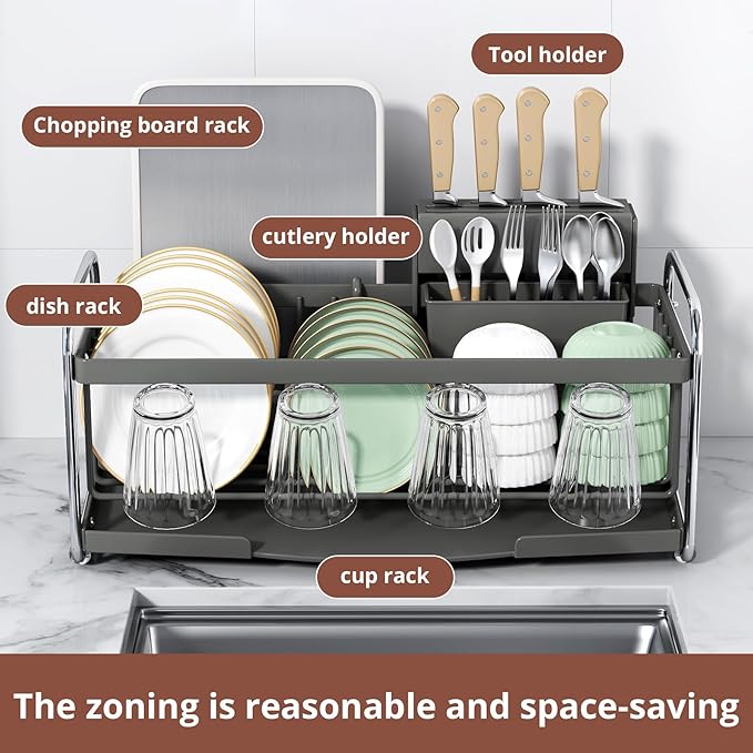 Compact Small Dish Drying Racks for Kitchen Counter - Narrow Metal Dish Drainer Rack with Utensil Holder, Space-Saving Plate Organizer for Sink Storage, Apartment & RV (Grey)