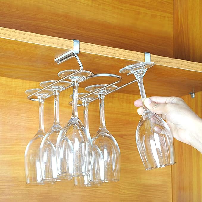 V3VOGUE Stainless Steel Under Shelf Wine Glass Holder, Under Cabinet Stemware Glasses Storage Hanger, Punch-Free Hanging Stemware Holder, Wire Hanging Rack (Single Row, Double Row)