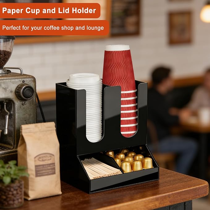 MYITYARD Coffee Cup Holder, 2-Tier Cup and Lid Organizer fits 5 to 16oz Paper Cups, Acrylic Condiment and Cup Storage Organizer, Coffee Station Organizer for Pods, Syrup, Stirrer, 4 Compartments