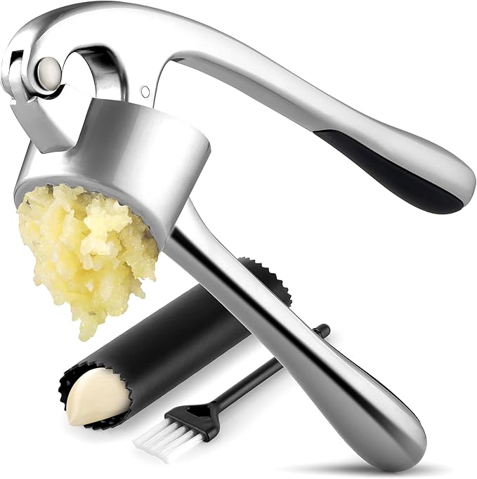 Zulay Kitchen Large Premium Garlic Press Set - Bigger Bowl for Bigger Garlic - Rust Proof Garlic Mincer Tool - Easy-Squeeze, Easy-Clean Silicone Garlic Peeler & Brush (Chrome)