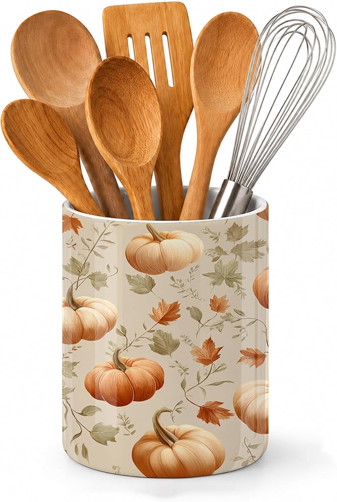 Pumpkins Kitchen Utensil Holder,Autumn Maple Leaves Large Ceramic Utensil Crock Organizer for Spatulas,Spoons and Cooking Tools,Kitchen,Home Decoration 6.3"