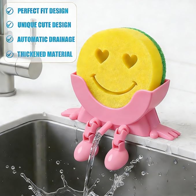 Cute Hanging Sponge Holder with Drainage,3D Printed Kitchen Funny Sponge Stand for Sink,with Non-Slip Pads,Suitable for Scrub Daddy Holder,Keeps Your Sponge Dry Smiling (Pink)