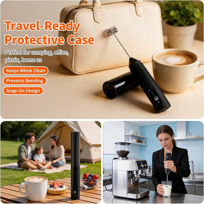 TonJin Rechargeable Milk Frother Handheld with Travel Cover, 3-Speed Adjustable Electric Whisk for Coffee, Latte, Cappuccino, Matcha, Powerful Dual Coil Foam Maker, USB-C Charging Drink Mixer Wand