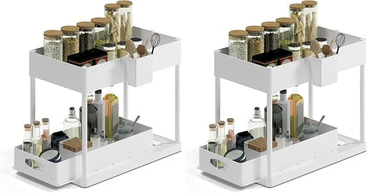 Under Sink Organizers and Storage | Bathroom Cabinet Organizer, Sink Shelf with Utility Hooks and Side Caddy for Under Cabinet Storage | White (2-Pack) Under Kitchen Sink Organizer with Sliding Drawer
