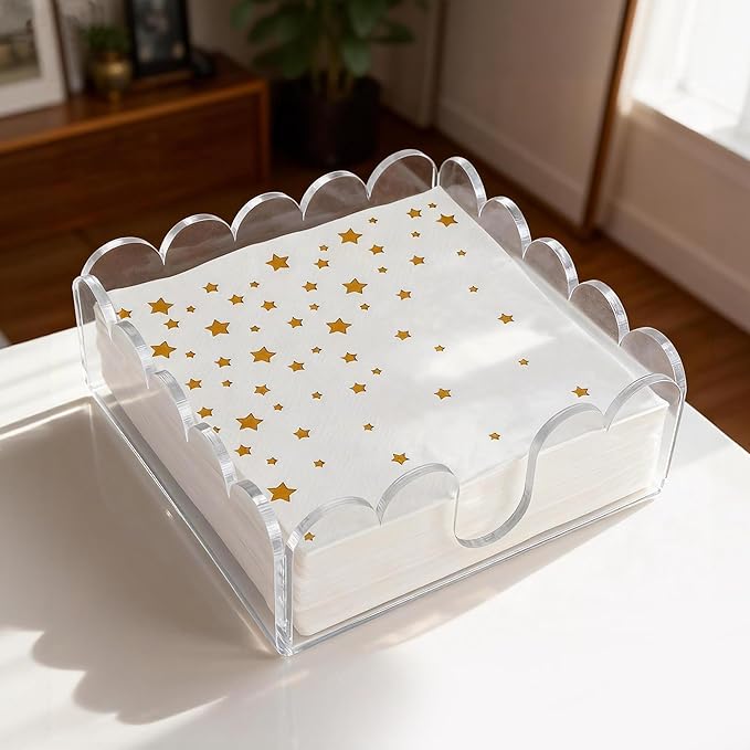 1 Pack Acrylic Cocktail Napkin Holder Crystal Clear Scalloped Tray for Cocktail,Beverage Napkin Holder Square Rectangle for Dinner, Kitchen, Bathroom, Restaurant, Bar (5.5 x 5.5 Inch)