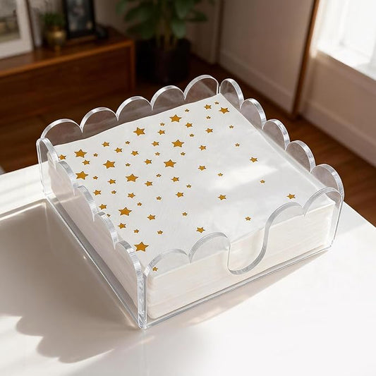 1 Pack Acrylic Cocktail Napkin Holder Crystal Clear Scalloped Tray for Cocktail,Beverage Napkin Holder Square Rectangle for Dinner, Kitchen, Bathroom, Restaurant, Bar (5.5 x 5.5 Inch)