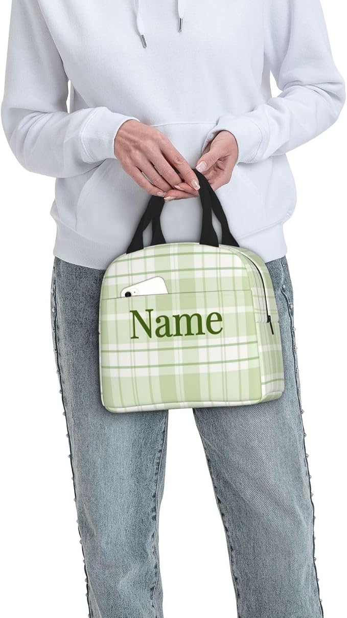 Custom Lunch Bag Pastel Green Buffalo Check Plaid Personalized Insulated Lunch Box with Name Reusable Cooler Tote for Adults Student Girl Boy Work Office School Picnic Over 3 Years Old