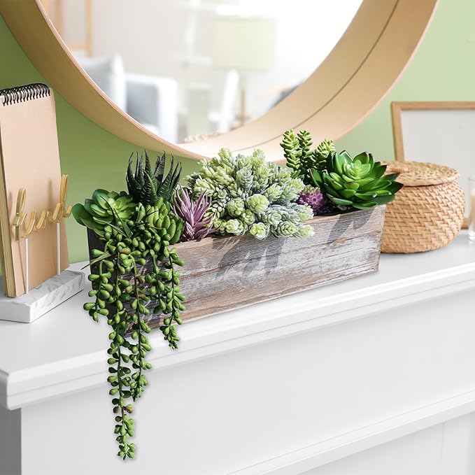 Winlyn Artificial Succulent Arrangement 14" Assorted Faux Succulents Plants in Rustic Rectangular Wooden Box Potted Succulents Plants for Farmhouse Home Table Centerpiece Windowsill Greenery Décor