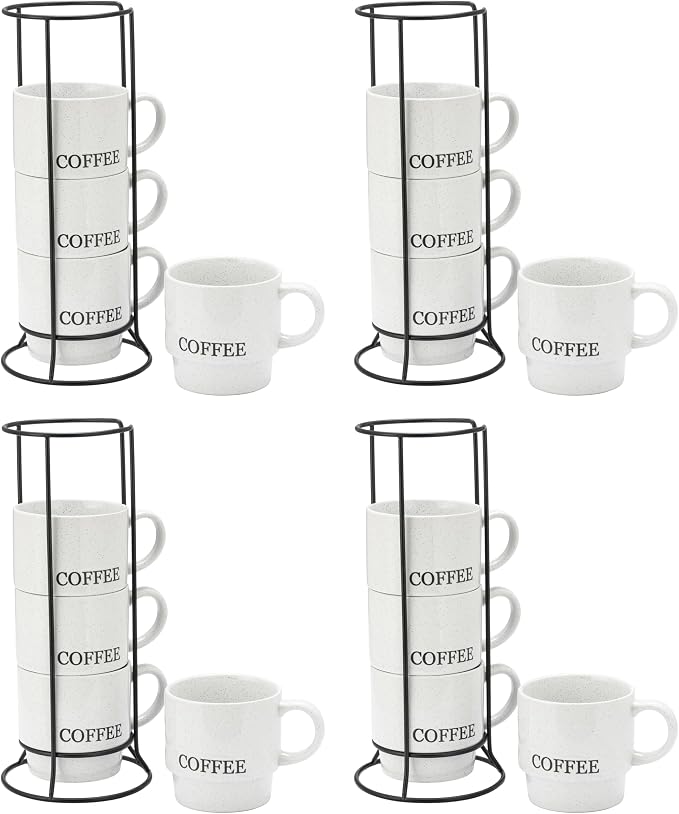 Signature Housewares Stackable Coffee Mug Tower Set with Metal Wire Rack - 15 Ounce for Tea, Cocoa, Milk, Cappuccino, Hot Chocolate Set of 4 - White Coffee (Pack of 4)