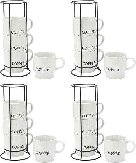 Signature Housewares Stackable Coffee Mug Tower Set with Metal Wire Rack - 15 Ounce for Tea, Cocoa, Milk, Cappuccino, Hot Chocolate Set of 4 - White Coffee (Pack of 4)