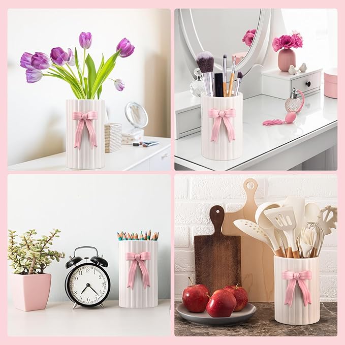 LemonRoad Pink Bow Ceramic Utensil Holder 3D Coquette Handmade Pink Kitchen Decor Gifts Cooking Utensil Crock with Scalloped Preppy Caddy Pen Holder Vase Graduation Gift for College Students