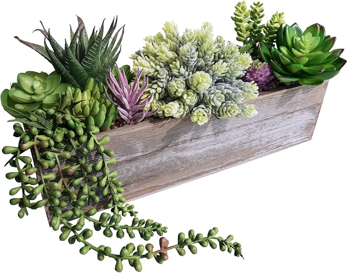Winlyn Artificial Succulent Arrangement 14" Assorted Faux Succulents Plants in Rustic Rectangular Wooden Box Potted Succulents Plants for Farmhouse Home Table Centerpiece Windowsill Greenery Décor