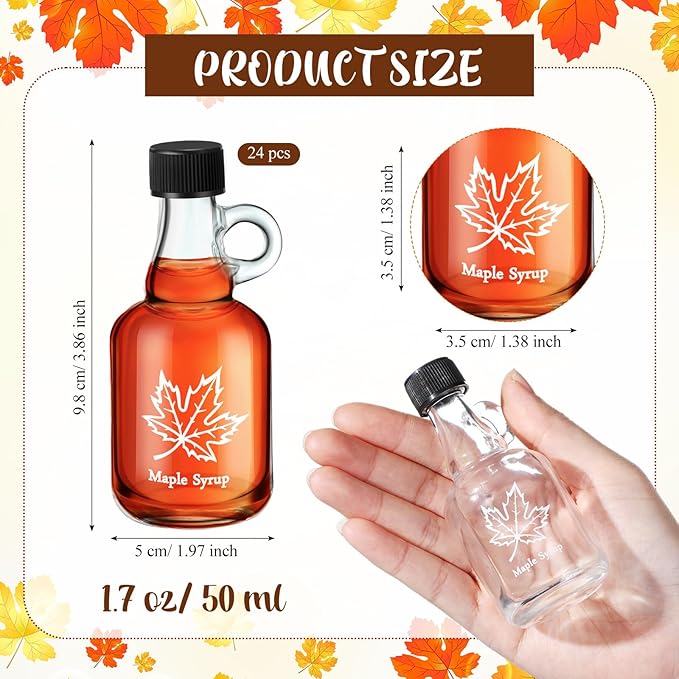 Havawish 24 Pcs 1.7 oz Glass Maple Syrup Bottles Mini Syrup Container with Loop Handle and Plastic Lids, Small Empty Jars for Oil Storage Gift
