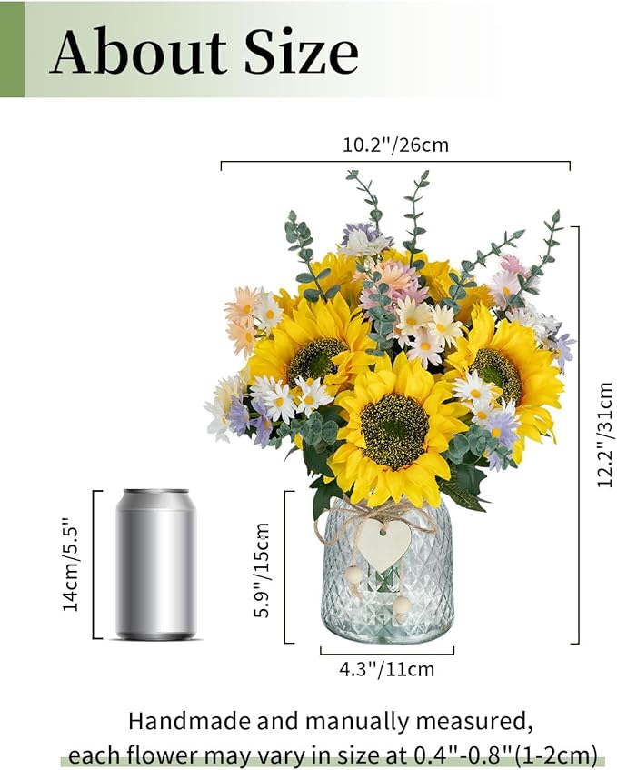 BLOSMON Sunflower Fake Flowers in Vase: Sunflowers Artificial Flowers with Vase for Table Centerpieces Decor - Silk Flower Bouquet Faux Arrangements Kitchen Bathroom Wedding Party Decoration