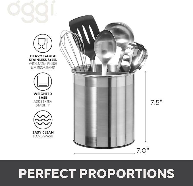 Oggi Jumbo Stainless Steel Rotating Utensil Holder with Removable Divider - Stylish kitchen cooking utensil organizer. Height 7.5".