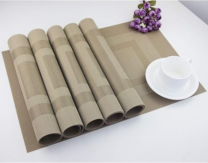 PIGCHCY Placemats Set of 8 Washable Durable Place Mats Vinyl Heat Resistant Non-Slip Table Mats Indoor Outdoor (18 x 12 inches, Beige)